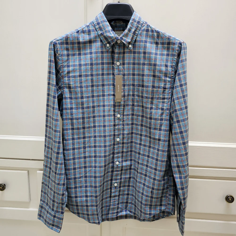 New! J Crew Mens size Small S Slim Stretch Secret Blue Plaid Shirt NWT